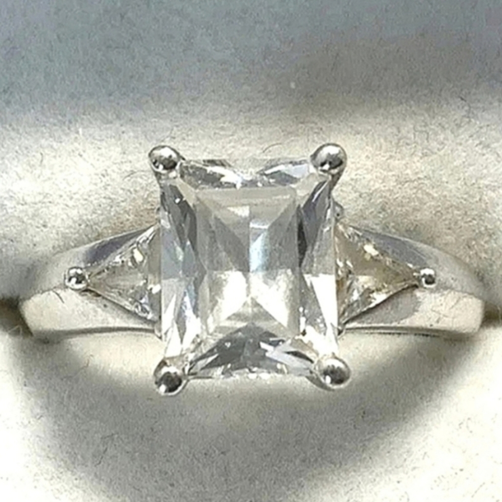 Emerald Cut 3 Stone CZ Past Present Future 925 Sterling Silver Ring